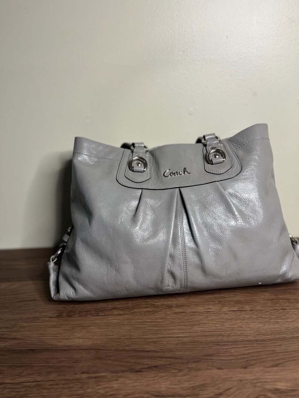 Coach Ashley F15516 Gray Patent Leather Ruched Satchel Shoulder Bag